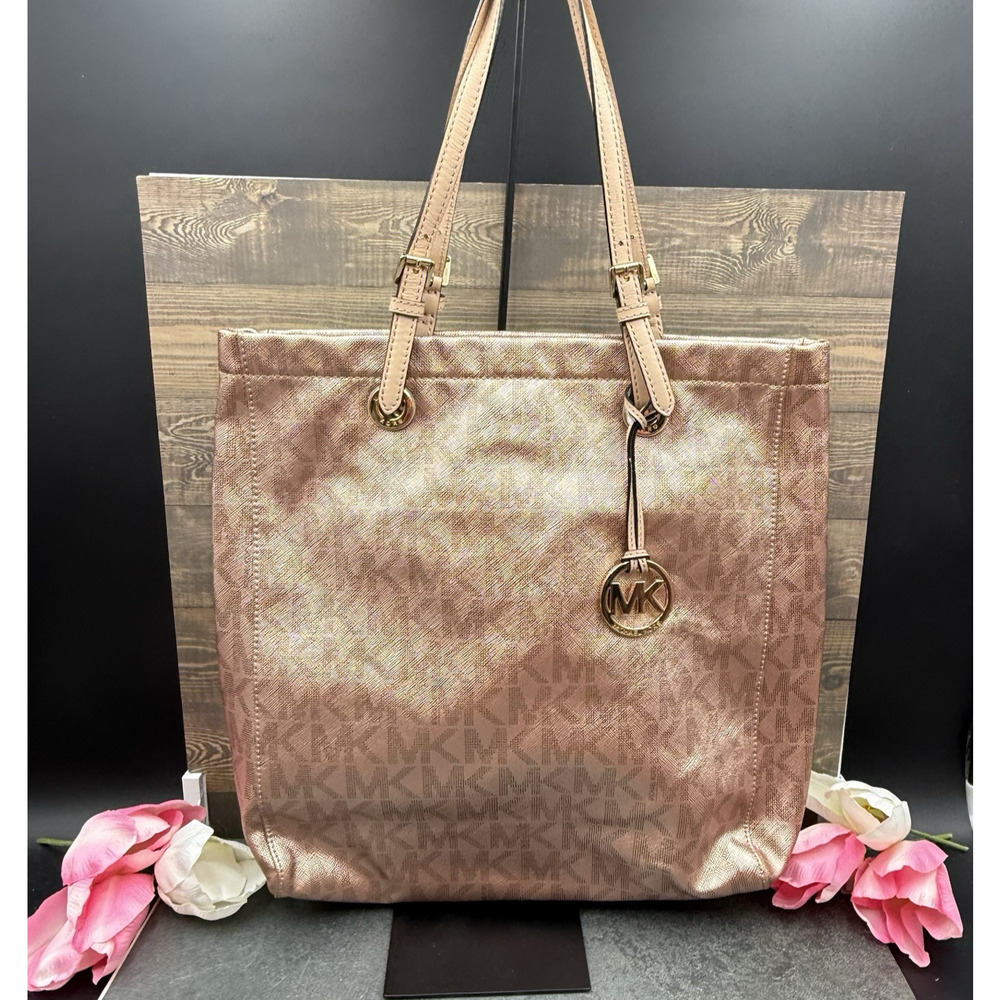 Michael Kors Tote Bag Metallic Rose Gold Large MK Signature Logo Shoulder Purse